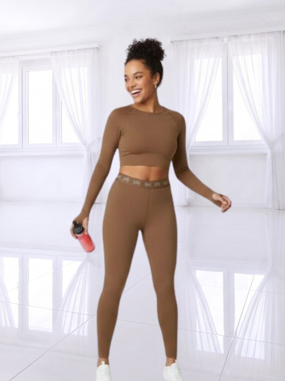 Yitty Lizzo Fabletics High Waisted Seamless Shaping Logo Leggings Tan